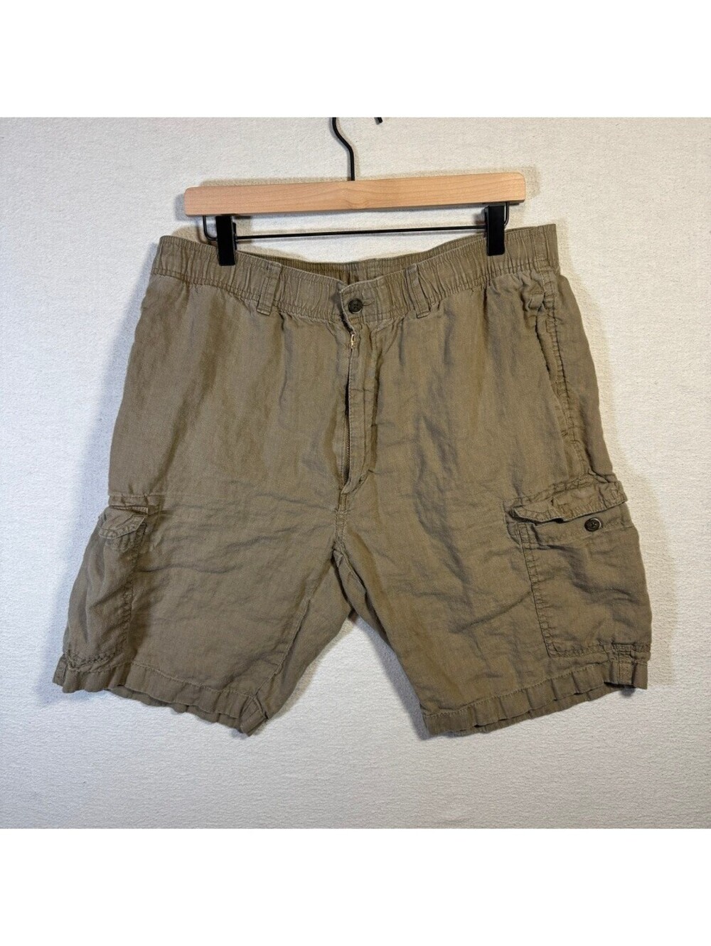 Caribbean Cargo Shorts Mens Size 36 %100 Linen Khaki Elastic Waist Summer Tan